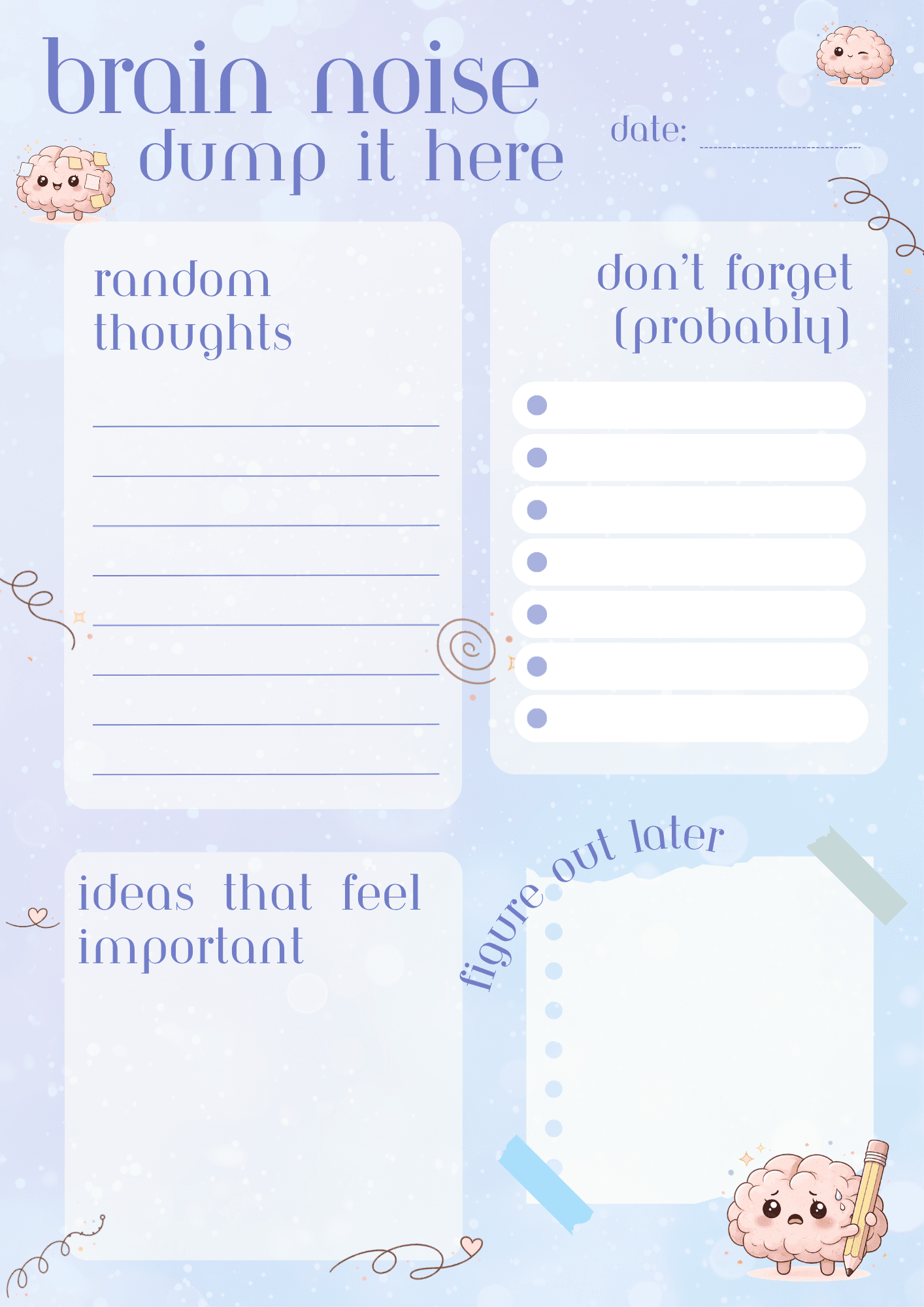 Decorative journaling page with two large note sections: left for 'random thoughts' and right for 'don’t forget (probably)', plus a date line and whimsical brain illustrations.