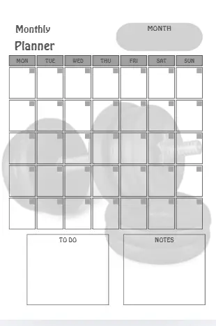 Grayscale monthly planner with seven-day calendar grid, top headers MON–SUN, and blank To Do and Notes boxes.