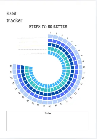 Circular habit tracker with a color‑coded spiral of squares and the title 'Steps to Be Better', plus a Notes box below.