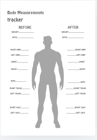 Body Measurements tracker poster with a male silhouette and before/after measurement lines for weight, date, and various body parts.