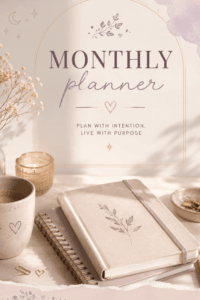 Poster-style image with the words 'MONTHLY planner' in a soft blush-toned decor, surrounded by delicate leaves and hearts on a pale background.