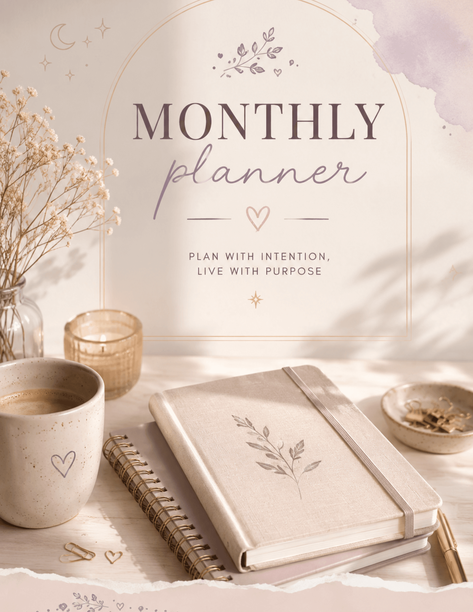 Poster-style image with the words 'MONTHLY planner' in a soft blush-toned decor, surrounded by delicate leaves and hearts on a pale background.