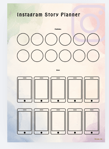 Instagram Story Planner on a pastel watercolor background with rows of empty story circles and phone mockups labeled 'Story'.