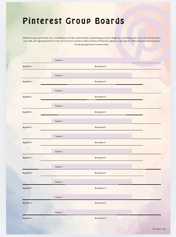 Pastel watercolor background with a form titled 'Pinterest Group Boards' listing many rows for applicant names and status (Applied/Accepted).