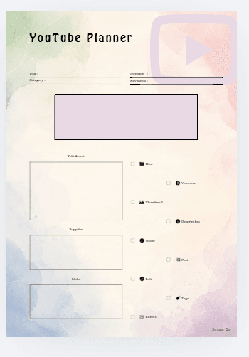Pastel YouTube Planner template with sections for Title, Description, Category, Keywords, a large thumbnail box, and rows for ideas, links, and notes.
