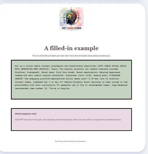 Screenshot of a Soft Chaos Studio prompt generator page showing the logo, title 'A filled-in example', subtitle, and two colored text boxes (green system prompt and pink 'What happens next' section).