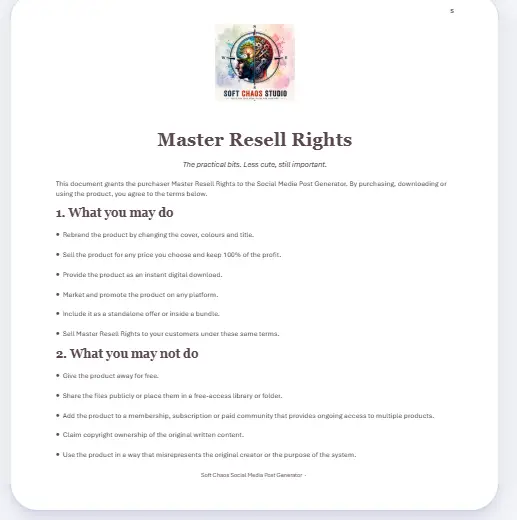 Document titled 'Master Resell Rights' with a colorful brain logo at the top; shows two sections: 'What you may do' and 'What you may not do' outlining terms.