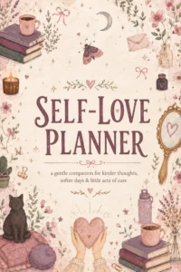 Cover of a self-love planner with pastel pinks and whimsical items like books, a heart, candle, plants, and a mirror, conveying gentleness and care.