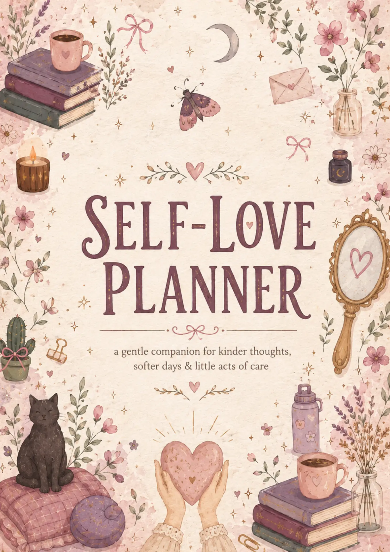Cover of a self-love planner with pastel pinks and whimsical items like books, a heart, candle, plants, and a mirror, conveying gentleness and care.