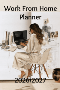 Woman typing on a laptop at a cluttered desk with notebooks and art supplies; large text reads ' Work From Home Planner' at top.