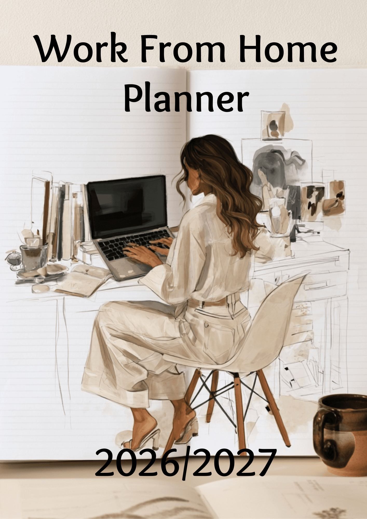 Woman typing on a laptop at a cluttered desk with notebooks and art supplies; large text reads ' Work From Home Planner' at top.
