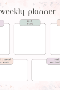 Pastel decorative weekly planner cover showing three sections: early week, mid week, and late week with large empty task boxes underneath.