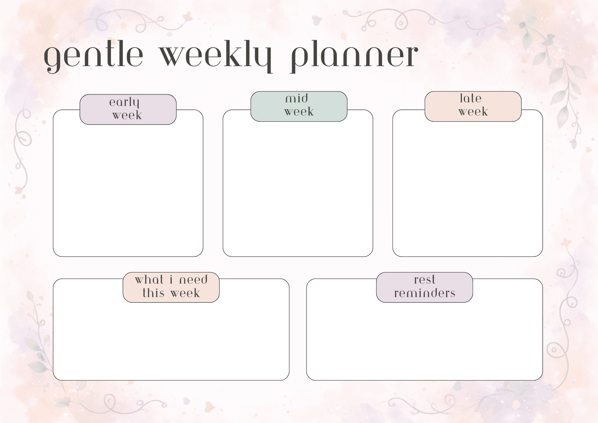 Pastel decorative weekly planner cover showing three sections: early week, mid week, and late week with large empty task boxes underneath.