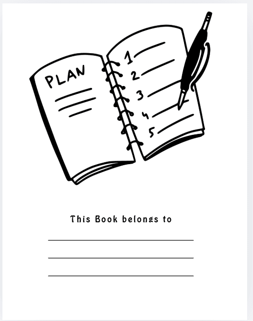 Open spiral notebook with a pen; planner page shows 'PLAN' and a five-item list, plus a 'This Book belongs to' label with blank lines for a name.