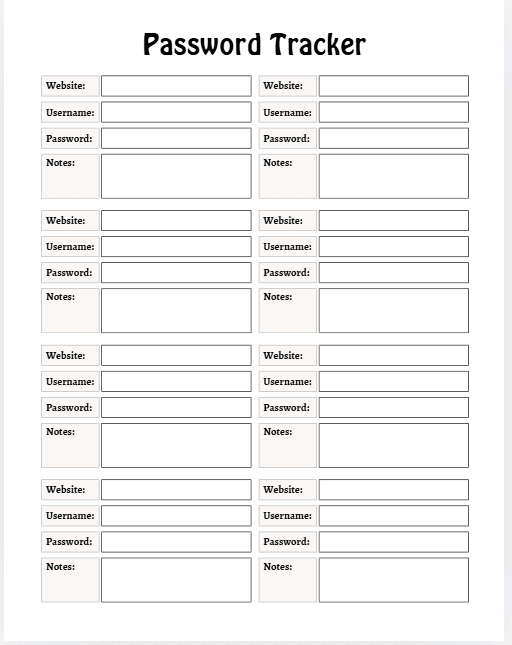 Two-column password tracker form with fields for Website, Username, Password, and Notes repeated across multiple rows.