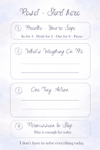 Pastel self-care worksheet with four steps: 1) Breathe—You're Safe; 2) What’s Weighing On Me; 3) One Tiny Action; 4) Permission to Stop; decorative stars and lavender background.