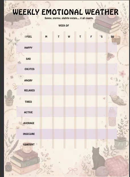 Illustrated weekly mood tracker with days across the top and feelings on the left; purple bars show intensity for each day and feeling.