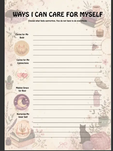 Printable worksheet titled 'Ways I Can Care for Myself' with sections for body, connections, rest, and inner self to fill in ideas.