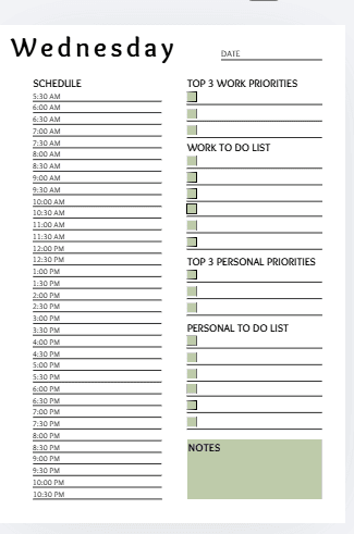 Wednesday planner page with hourly schedule on the left and right-side sections for date, top 3 work priorities, work to do list, top 3 personal priorities, personal to-do list, and notes.