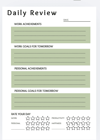 Printable 'Daily Review' worksheet with sections for Work Achievements, Work Goals for Tomorrow, Personal Achievements, Personal Goals for Tomorrow, plus a star rating area for Work, Personal, Productivity, and Happiness.