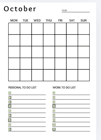 October calendar page with a five-week Mon–Sun grid and side-by-side Personal and Work to-do lists with checkboxes