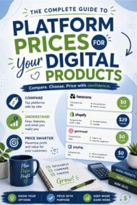 Colorful infographic about platform prices for digital products, with big bold text and pricing cards on a desk setup.