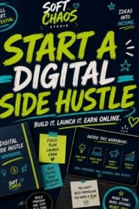 Bold poster promoting a digital side hustle course: 'Start a Digital Side Hustle' with 'Build it. Launch it. Earn online.' by Soft Chaos Studio.