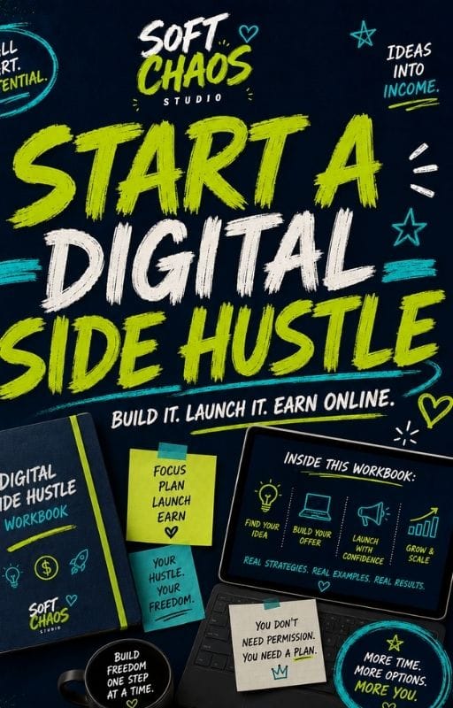 Bold poster promoting a digital side hustle course: 'Start a Digital Side Hustle' with 'Build it. Launch it. Earn online.' by Soft Chaos Studio.