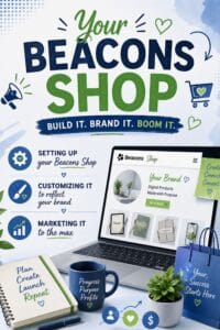 Promotional graphic for Beacons Shop with bold blue and green text, a laptop, coffee mug, notebook, plants, and a shopping bag set in a bright workspace.