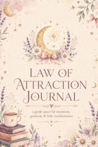 Decorative journal cover featuring a gold crescent moon, flowers, and the title 'Law of Attraction Journal'.