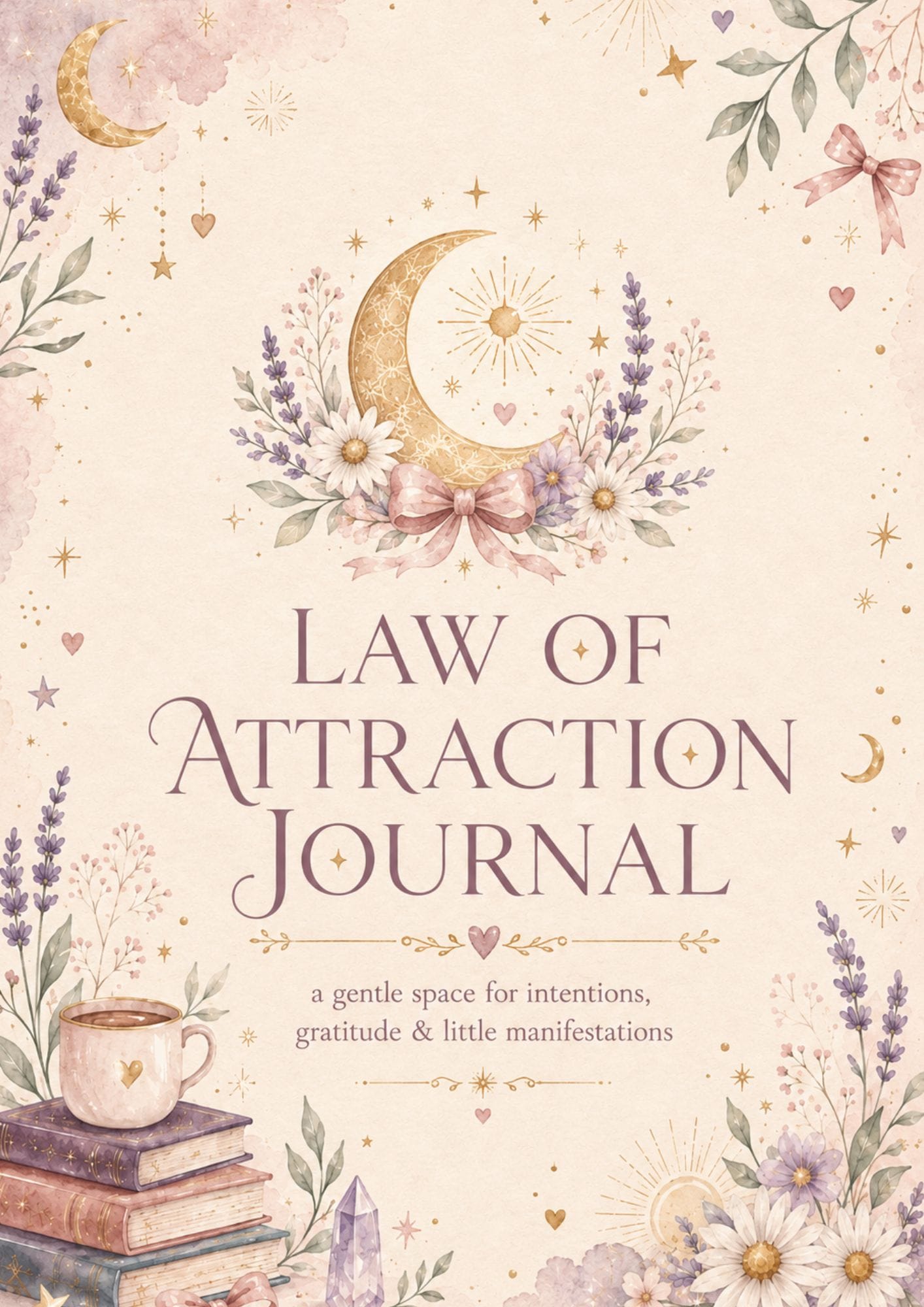 Decorative journal cover featuring a gold crescent moon, flowers, and the title 'Law of Attraction Journal'.