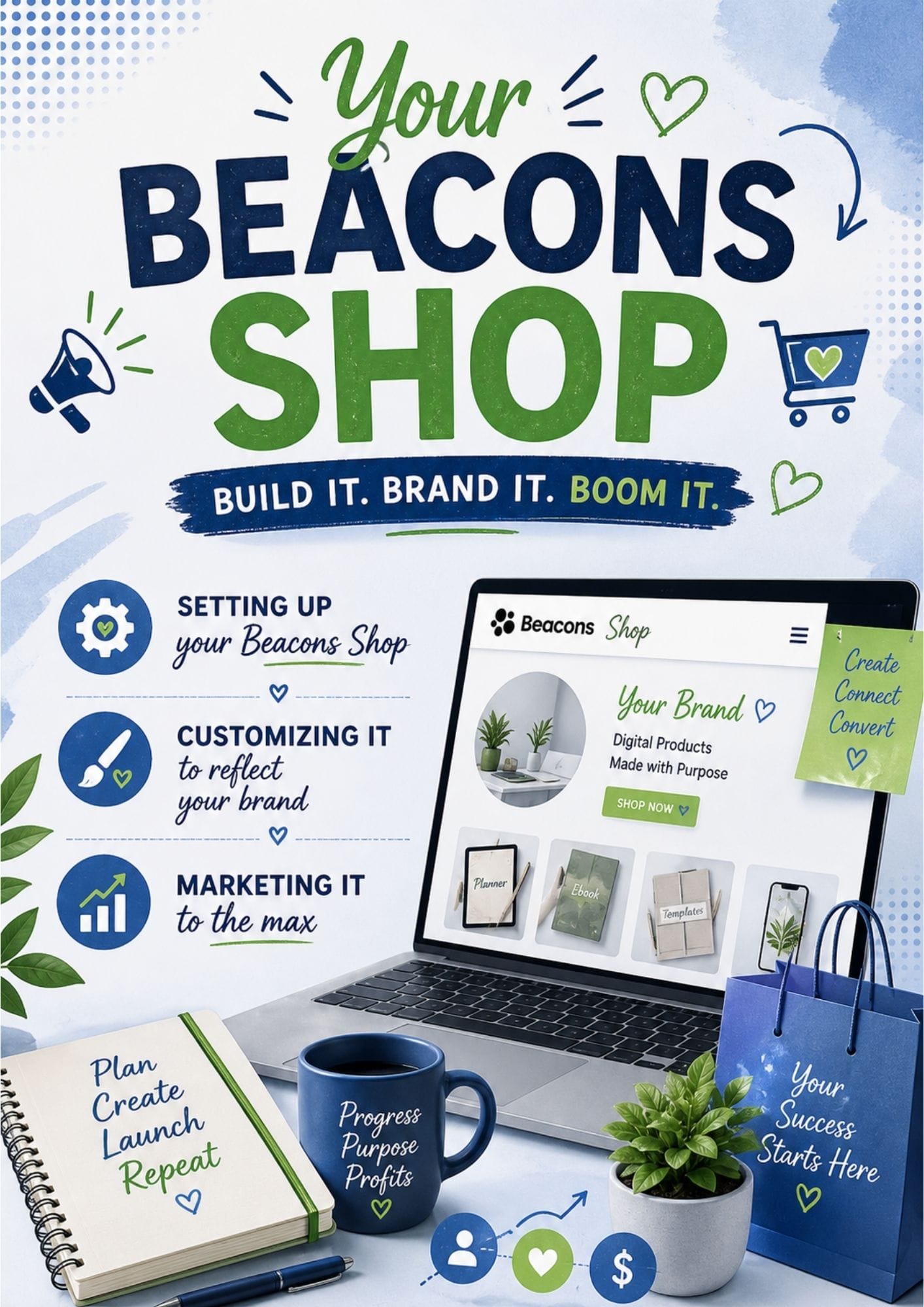 Promotional graphic for Beacons Shop with bold blue and green text, a laptop, coffee mug, notebook, plants, and a shopping bag set in a bright workspace.