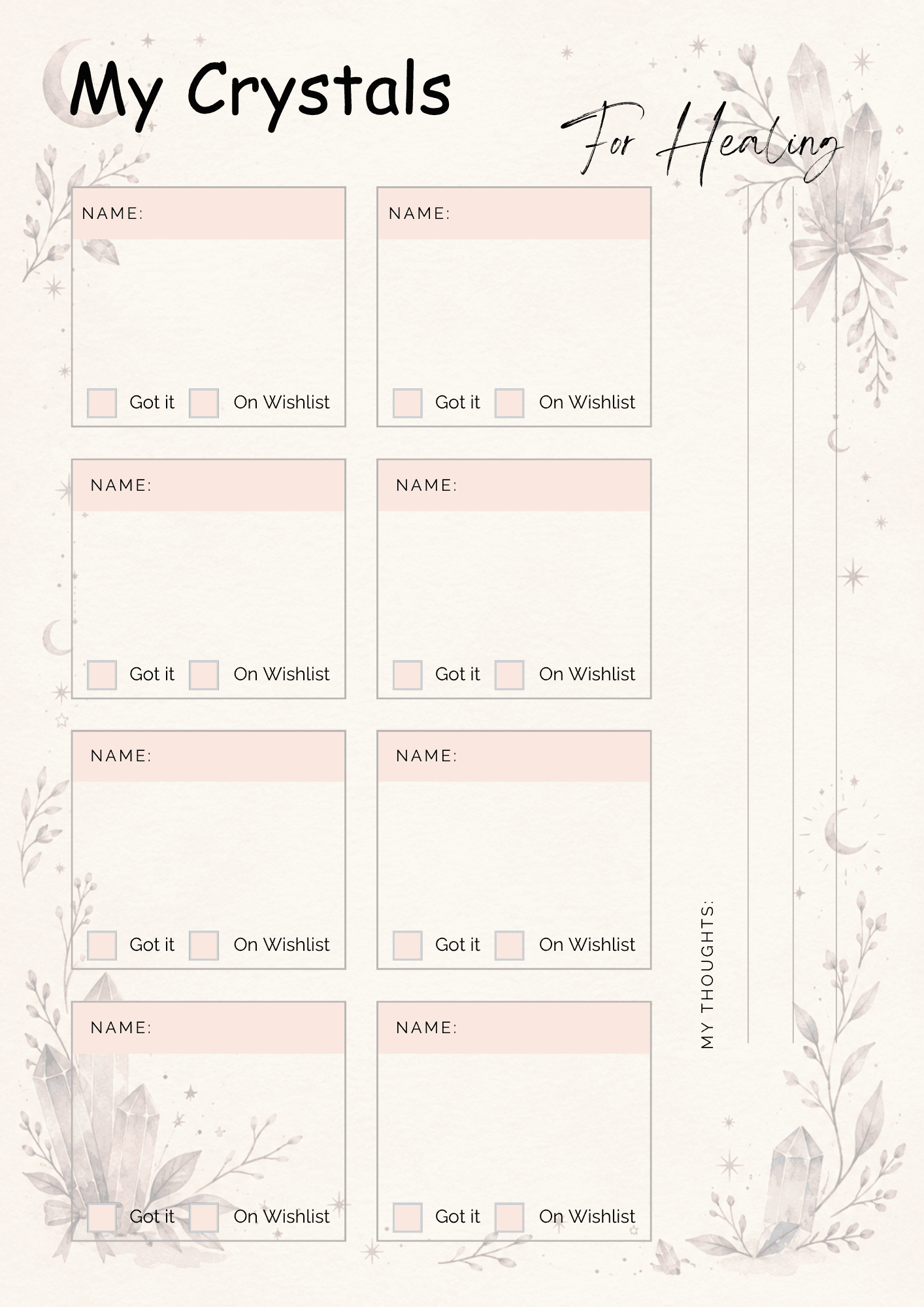 Wishlist form for crystals: multiple name fields with Got it and On Wishlist checkboxes on a floral, pastel background.