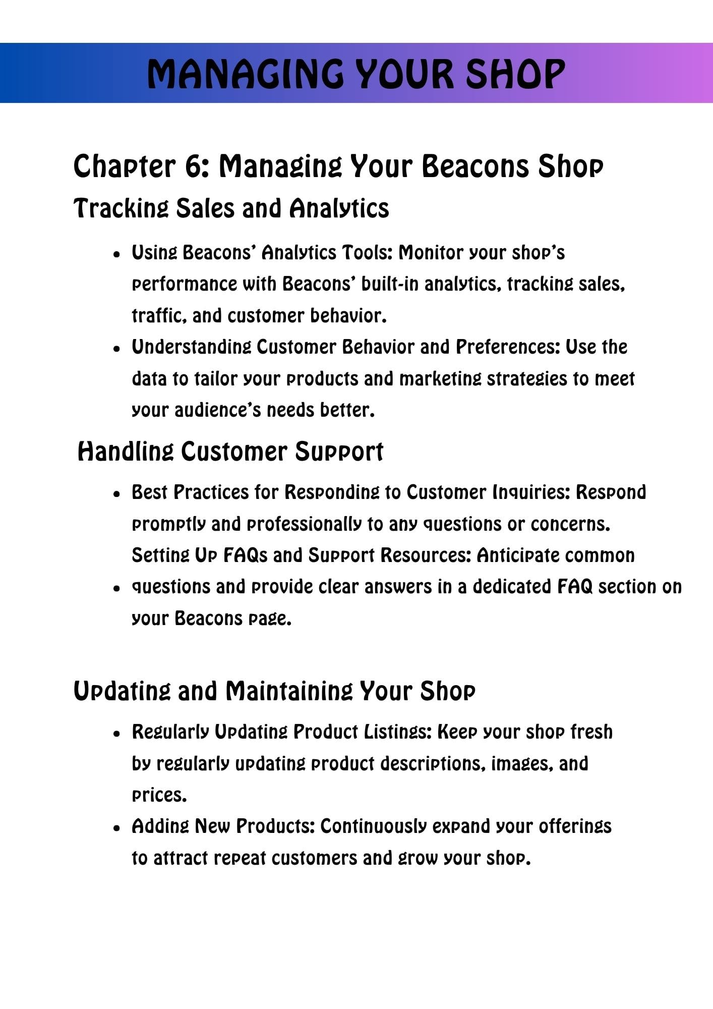 Page from a shop management guide showing Chapter 6: Managing Your Beacons Shop, with bullets on analytics, customer support, and updating listings.