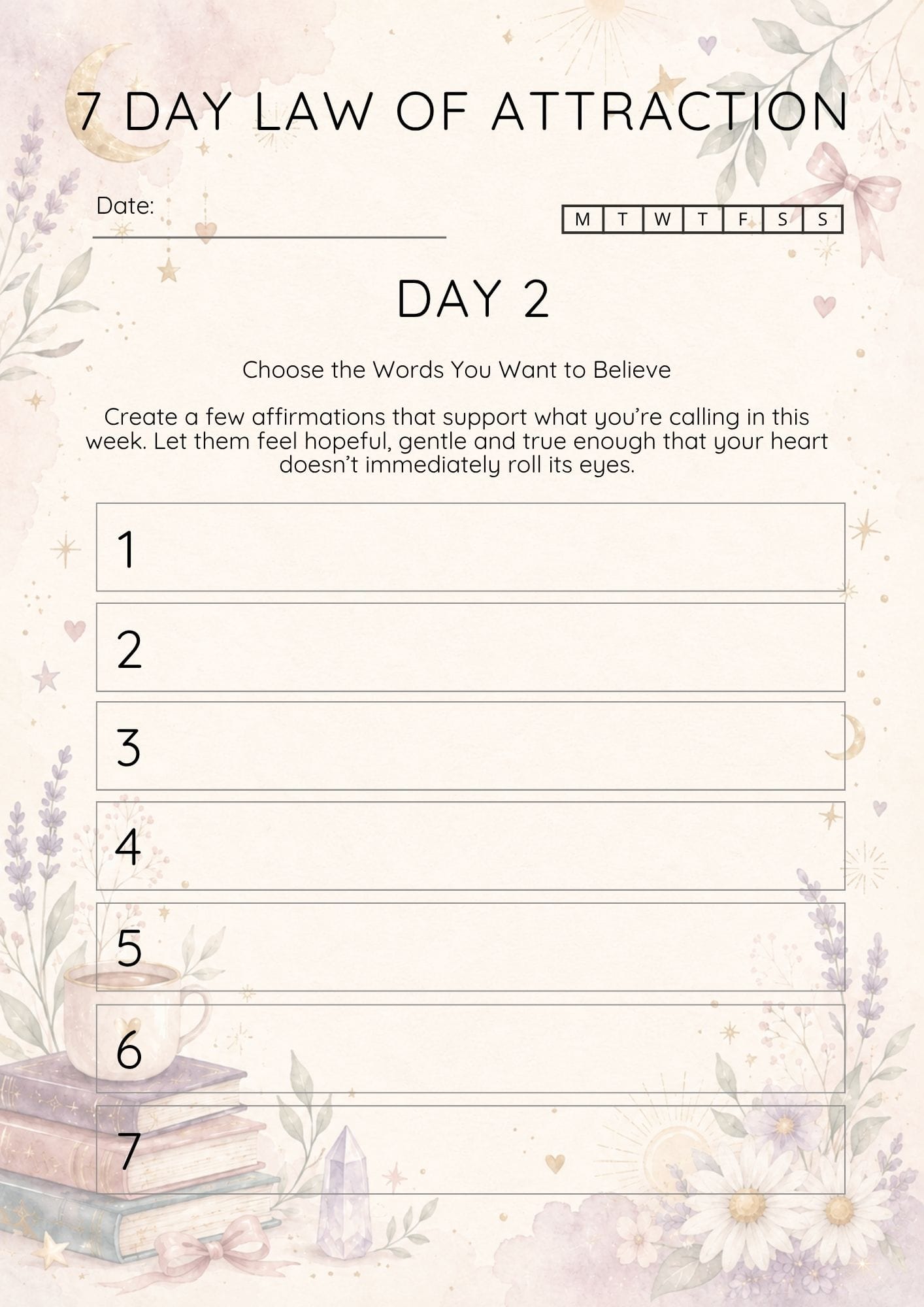 Decorative printable page: Day 2 of a 7-day Law of Attraction plan with writing boxes for answers.