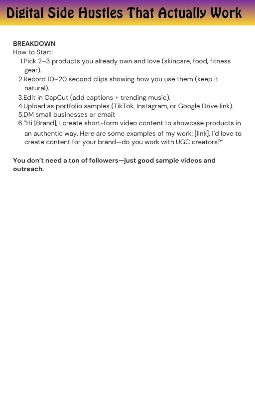 Screenshot of a guide titled 'Digital Side Hustles That Actually Work' with six startup steps and tips for creators