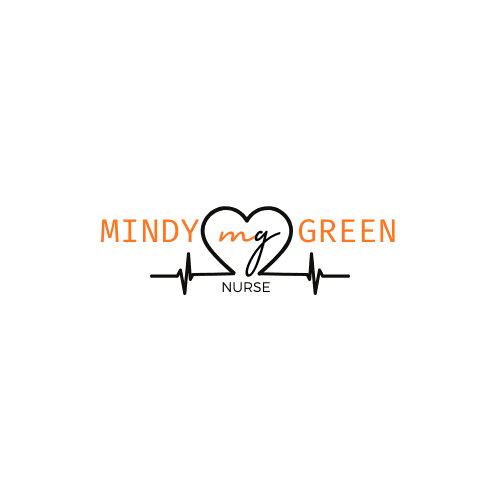 Logo for Mindy Green Nurse: orange 'MINDY GREEN' wordmark with a heart outline containing 'mg' and an ECG line, with 'NURSE' beneath.
