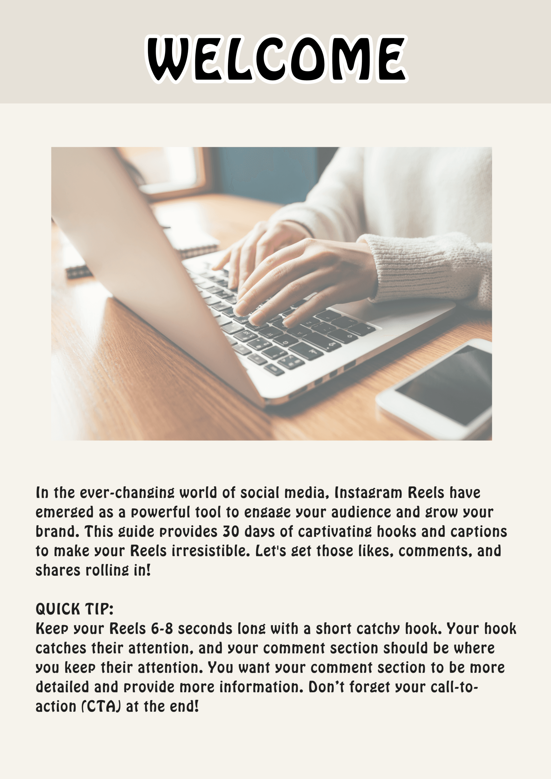 Welcome header above a photo of hands typing on a laptop at a wooden desk.