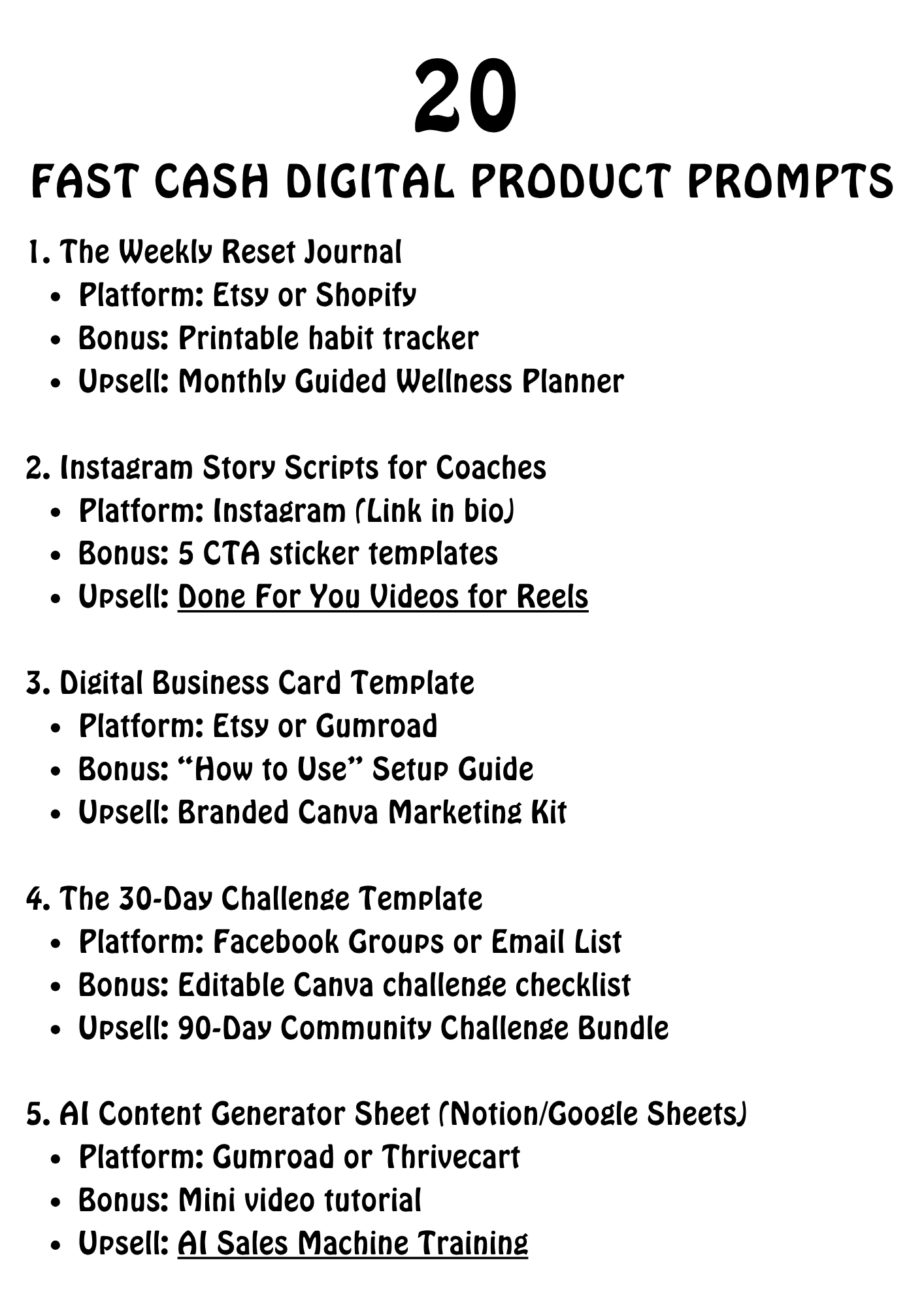 Slide titled '20 Fast Cash Digital Product Prompts' listing 20 bullet-point prompts under four sections, with platform and bonus notes (e.g., Etsy/Shopify, Instagram, Canva).