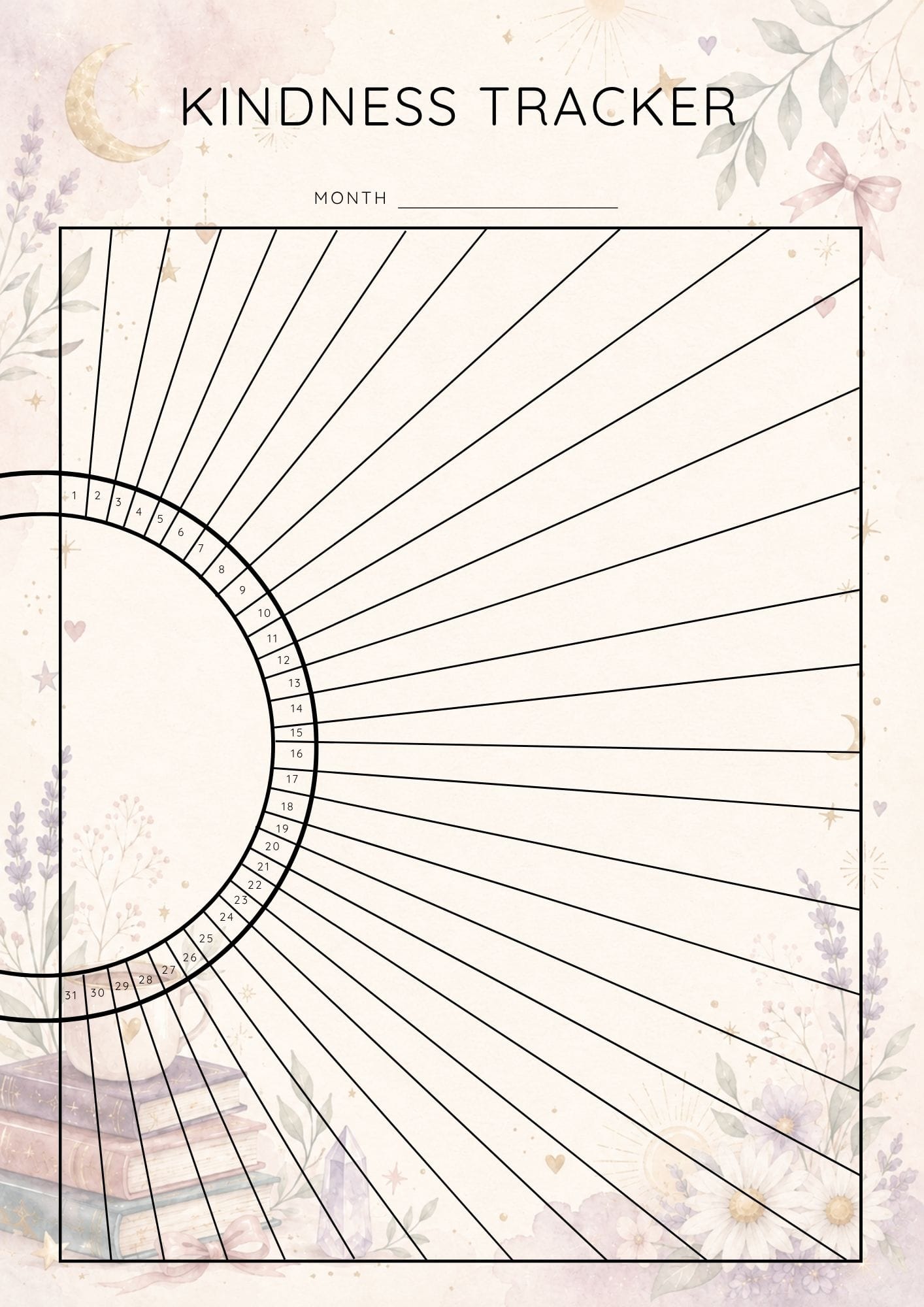 Kindness Tracker title with a circular day-tracker wheel showing numbered segments from 1 to 31 inside a bordered square frame.