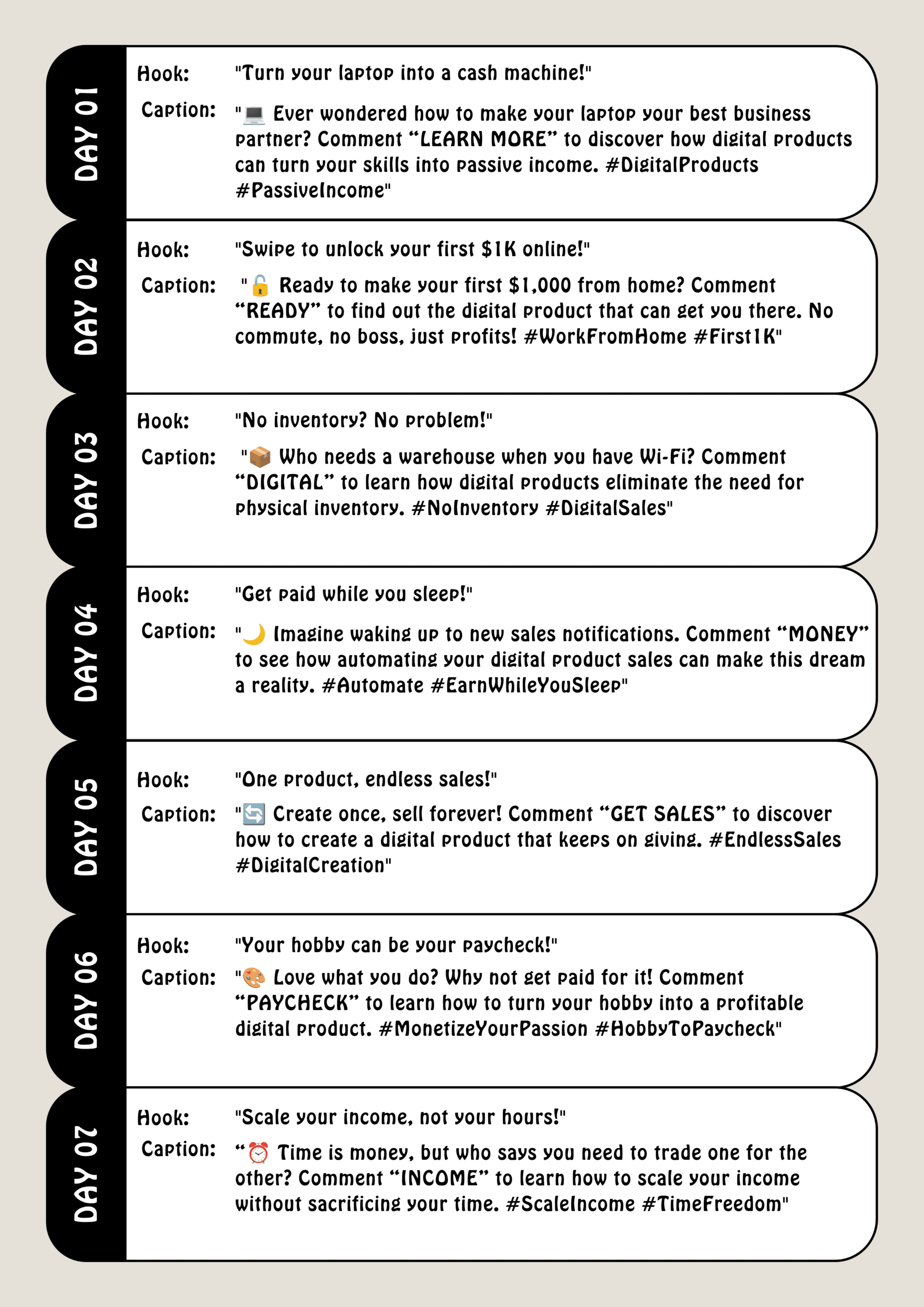 A vertical, multi‑day schedule infographic with rounded white panels on a beige background, listing Day 01 through Day 06 with a black left label and sample hooks and captions about digital products and online income.