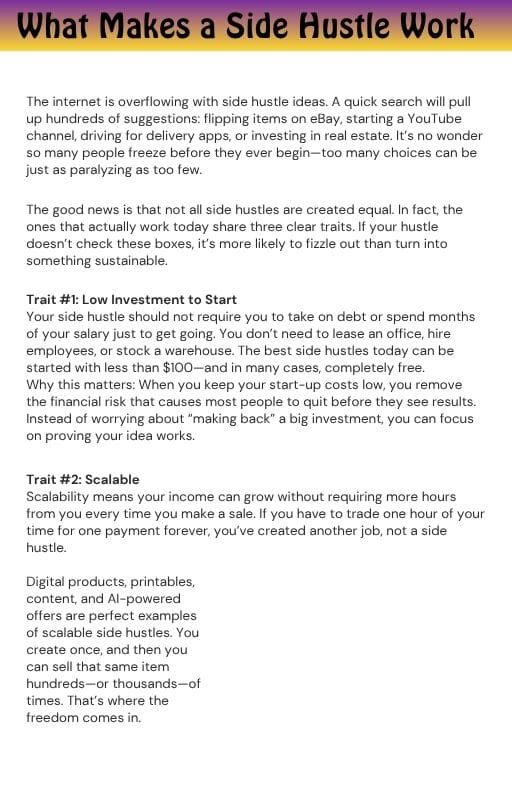 Header reads 'What Makes a Side Hustle Work' with a purple-to-yellow gradient banner; the page explains side-hustle ideas, low startup investment, and scalability, plus examples like digital products and services.