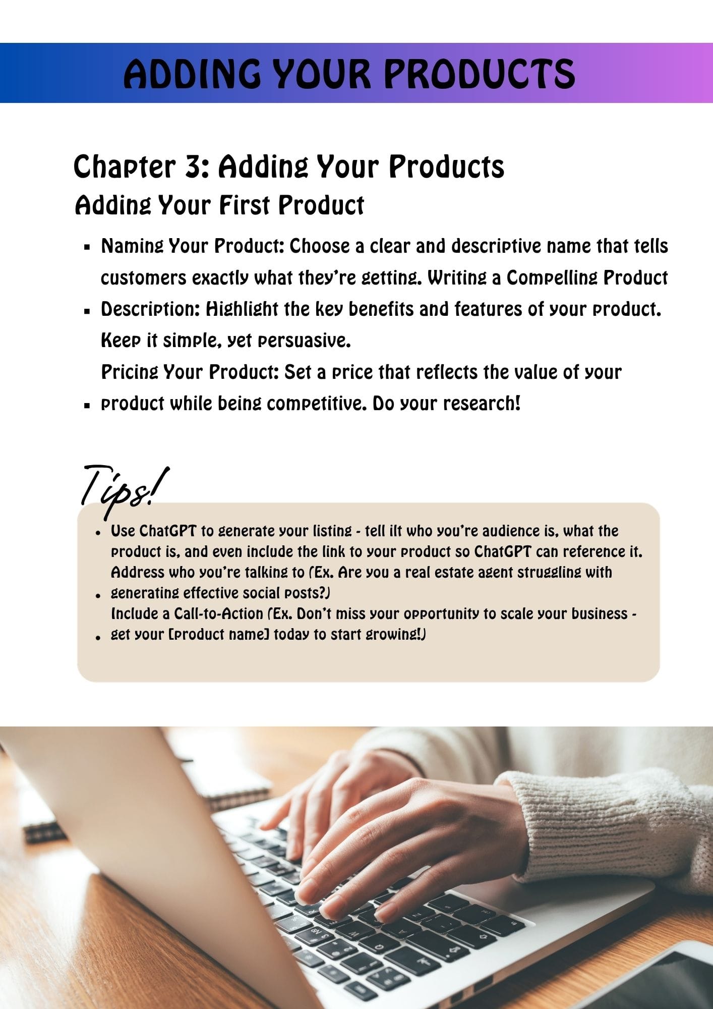 Slide titled 'Adding Your Products' with a blue–purple gradient banner and bullet-point guidance about naming, description, and pricing; beige tips box overlaps a photo of hands typing on a laptop at bottom.
