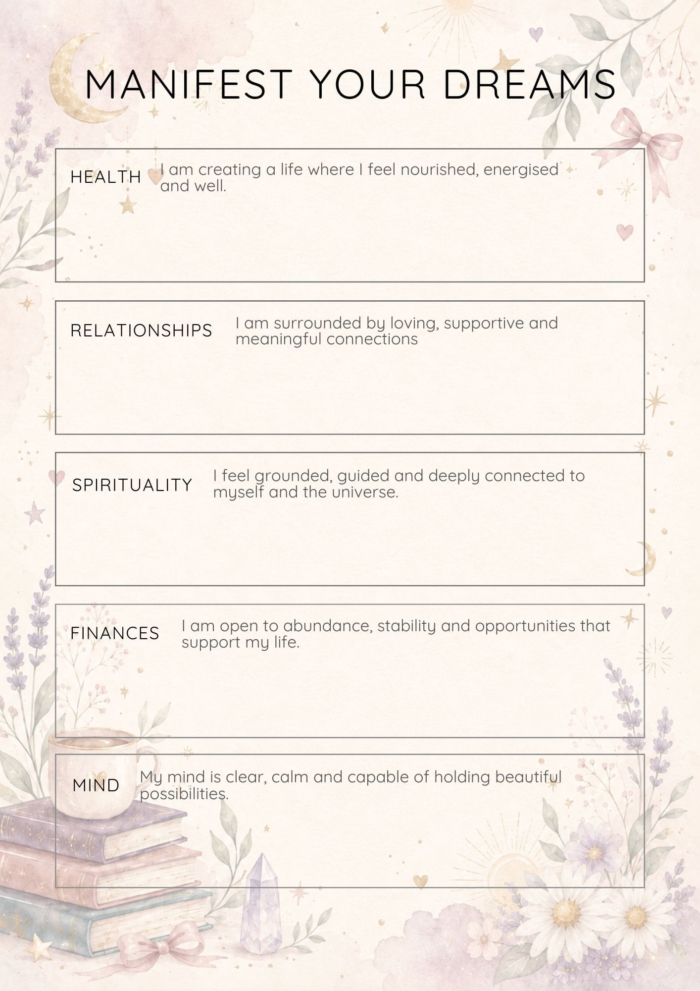 Pastel dream board with five life areas: Health, Relationships, Spirituality, Finances, Mind, each with positive affirmations.