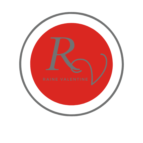 Brand logo for Raine Valentine: red circle with gray 'RV' monogram and small 'RAINE VALENTINE' text inside a gray ring.