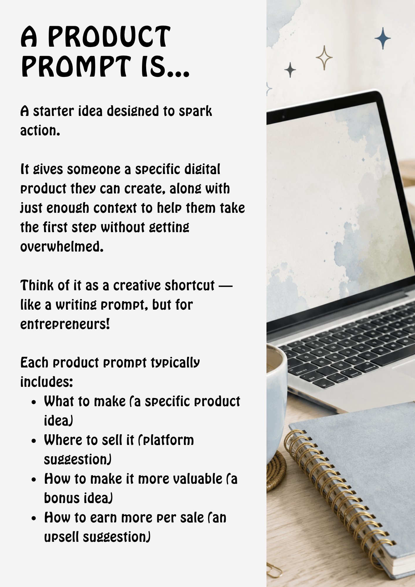 Split-layout hero: left column with bold text about product prompts, right column shows a laptop on a desk.