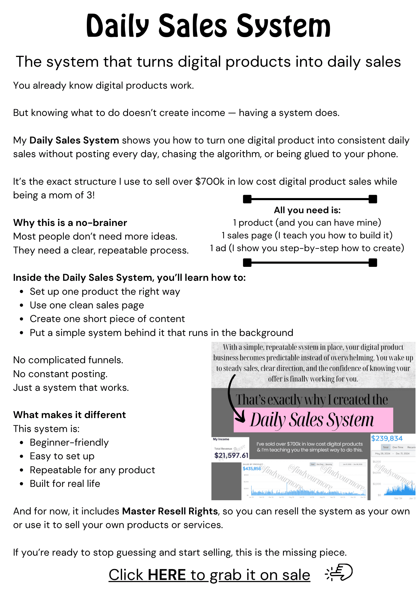 Page header 'Daily Sales System' with descriptive text outlining a simple, beginner-friendly sales system and bullet-point steps, plus a right-side graphic collage and a 'Click HERE to grab it on sale' CTA in bold.
