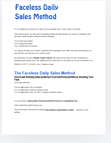 Page titled 'Faceless Daily Sales Method' with blue headings and multiple paragraphs outlining a sales method and how to sell without showing your face.