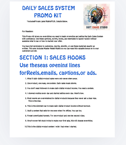 Promo kit page titled Daily Sales System Promo Kit with Soft Chaos Studio logo, featuring Section 1: Sales Hooks listing ten opening lines.