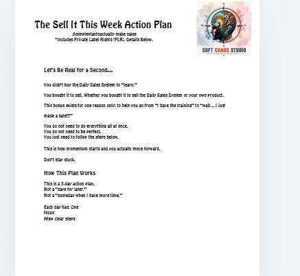Document titled 'The Sell It This Week Action Plan' with bullet-point steps and a small logo in the top-right corner."He provides a concise, informative overview of a weekly sales plan.